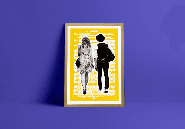 Amour, Affiche en édition limitée, sérigraphie artisanale | love song, couple, musique, partition, jaune, pop art, wall decor, decoration